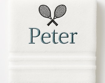 Toalla de tenis personalizada: nombre y raquetas bordadas, 100 % algodón
