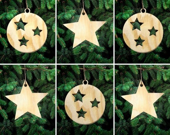 Wooden Christmas Ornaments: Star & Circle Set of 6