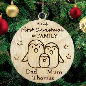 Personalized First Christmas as Family Penguins Wooden Decoration Custom Christmas Decoration Family Names Hanging Decoration