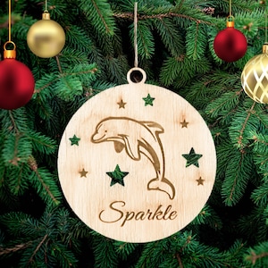 Personalized Dolphin Christmas Ornament: Engraved Wooden Decoration