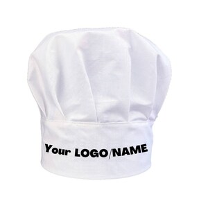 May include: White chef hat with black text that says "Your LOGO/NAME"