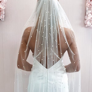 Perle Brautschleier, Tüll Brautschleier mit Perlen, Hochzeit langer Schleier, Braut Hochzeitsschleier, Weiß Elfenbein Kathedrale Lange Schleier Einfache Perle Dekor