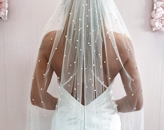 Pearl Wedding Veil, Tulle Bridal Veil with Pearls, Wedding Long Veil, Bride Wedding Veil, White Ivory Cathedral Long Veil Simple Pearl Decor