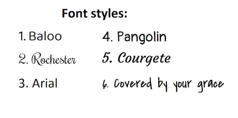Pu&ograve; includere: Un elenco di stili di font con esempi di ogni stile. Gli stili sono: Baloo, Rochester, Arial, Pangolin, Courgete e Covered by your grace.