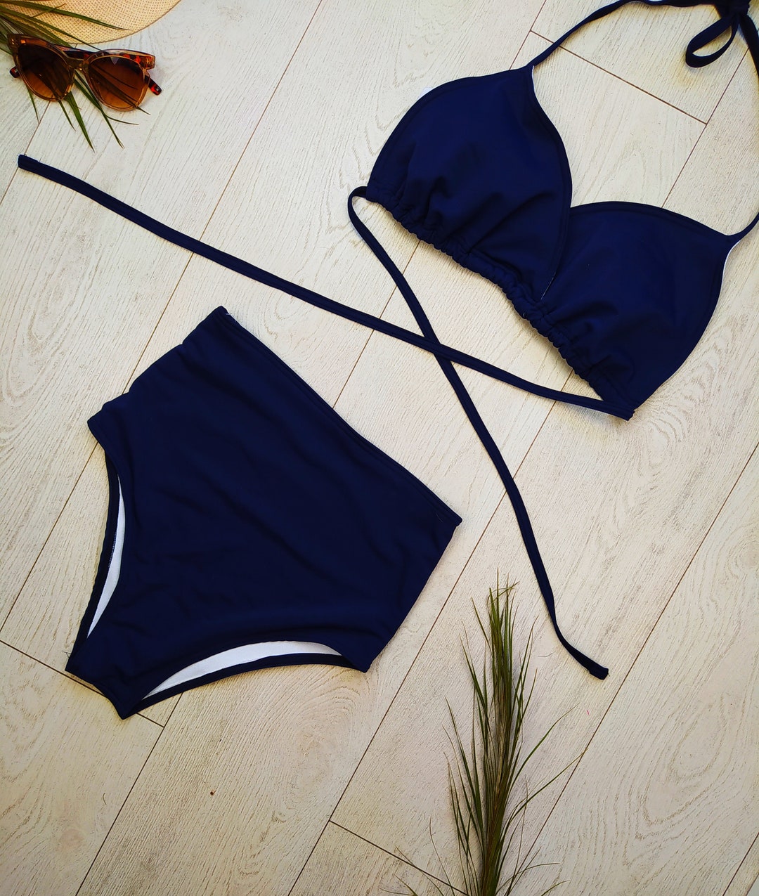 Bikini, Dark Blue, Swimsuit, Two Pieces Swim Suit, High Wasted