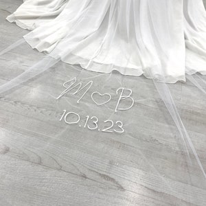 Personalised Veil with Embroidery, Custom veil with Initials and Heart, Words, Letters, Names, Initials, Cathedral bridal veil, Bridal Veil image 3