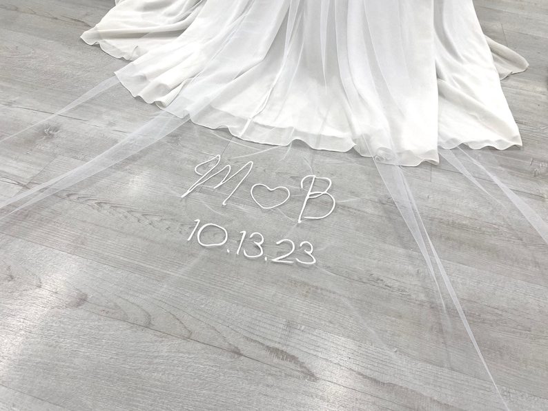 Personalised Veil with Embroidery, Custom veil with Initials and Heart, Words, Letters, Names, Initials, Cathedral bridal veil, Bridal Veil image 3