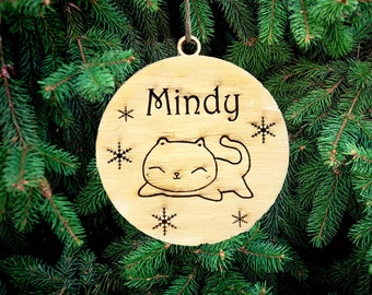 Personalized Christmas Wooden Decoration, Cat Christmas Tree  Cute Decoration, Hanging Wooden Christmas Decoration, Custom Cat Name