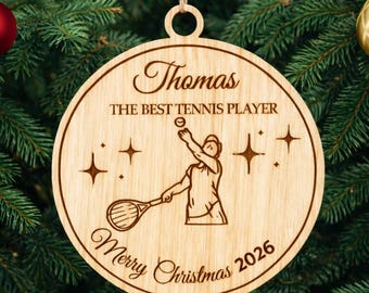 Personalized Tennis Player Christmas Ornament: Engraved Wooden Decoration