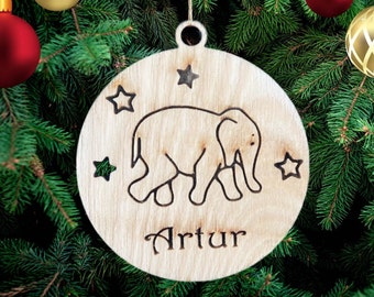 Adorno navideño de elefante personalizado: decoración de madera grabada para el árbol
