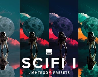May include: A set of four Lightroom presets with a sci-fi theme. The presets feature a variety of colors, including teal, purple, and orange. The presets are shown with an astronaut standing in front of a large moon.