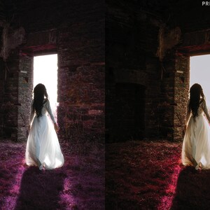 May include: A woman in a white dress stands in a doorway of a stone building. The doorway is lit by sunlight, and the woman's shadow is cast on the ground. The ground is covered in purple flowers.