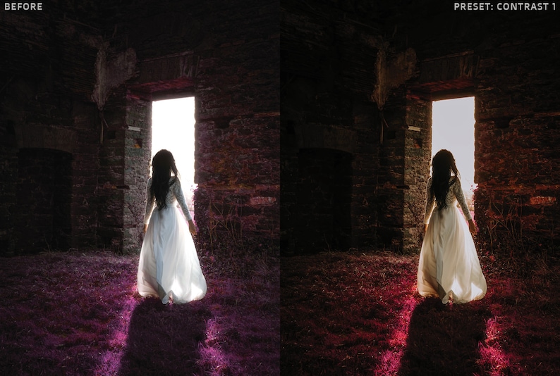 May include: A woman in a white dress stands in a doorway of a stone building. The doorway is lit by sunlight, and the woman's shadow is cast on the ground. The ground is covered in purple flowers.
