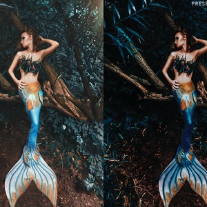 May include: A mermaid with long, flowing hair sits on a tree branch in a dark forest. She is wearing a blue and gold tail with a green and red top. The forest is lush and green with a dark, mysterious feel.