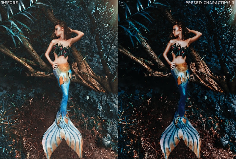 May include: A mermaid with long, flowing hair sits on a tree branch in a dark forest. She is wearing a blue and gold tail with a green and red top. The forest is lush and green with a dark, mysterious feel.