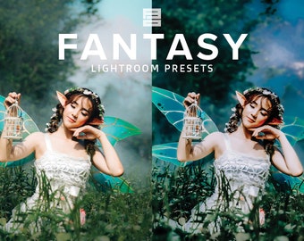May include: A woman with fairy wings and a flower crown holds a birdcage in a green and blue forest setting. The text "Fantasy Lightroom Presets" is displayed above her.