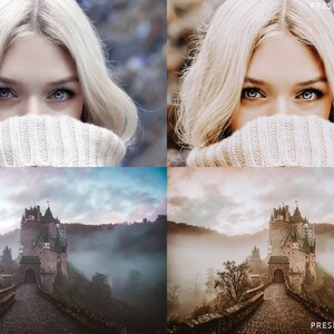 May include: A before and after image comparison of a photo editing preset. The top left image shows a woman with blonde hair wearing a white sweater. The top right image shows the same woman with a warmer, more golden tone. The bottom left image shows a castle in the distance with fog and a path leading to it. The bottom right image shows the same castle with a warmer, more golden tone.