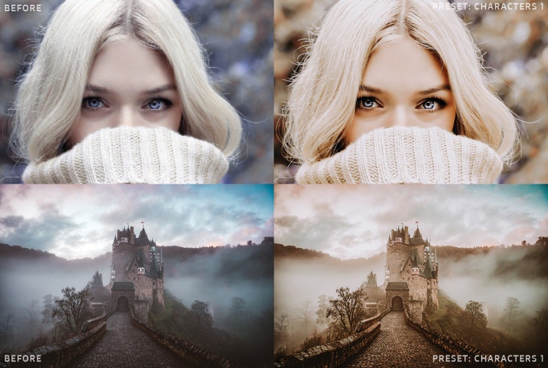May include: A before and after image comparison of a photo editing preset. The top left image shows a woman with blonde hair wearing a white sweater. The top right image shows the same woman with a warmer, more golden tone. The bottom left image shows a castle in the distance with fog and a path leading to it. The bottom right image shows the same castle with a warmer, more golden tone.