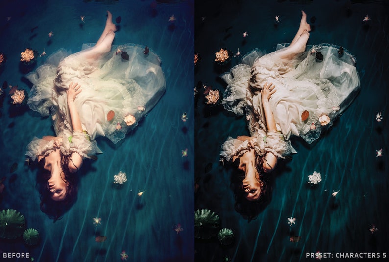 May include: A woman in a white dress lies on her back in a pool of water. The water is a deep blue color and there are white flowers floating on the surface. The woman's hair is long and dark, and she is looking up at the camera. The image is taken from a high angle, and the woman's body is stretched out in a relaxed pose. The image is a bit blurry, as if it was taken with a vintage camera.