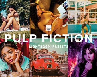 May include: A collage of images with a retro aesthetic featuring a woman reading a book, a woman in a swimsuit by a pool, a woman in a purple shirt, a red car, and the text "PULP FICTION LIGHTROOM PRESETS".