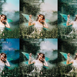 May include: A woman with fairy wings holds a birdcage in a forest setting. The image shows different color variations of the same image.