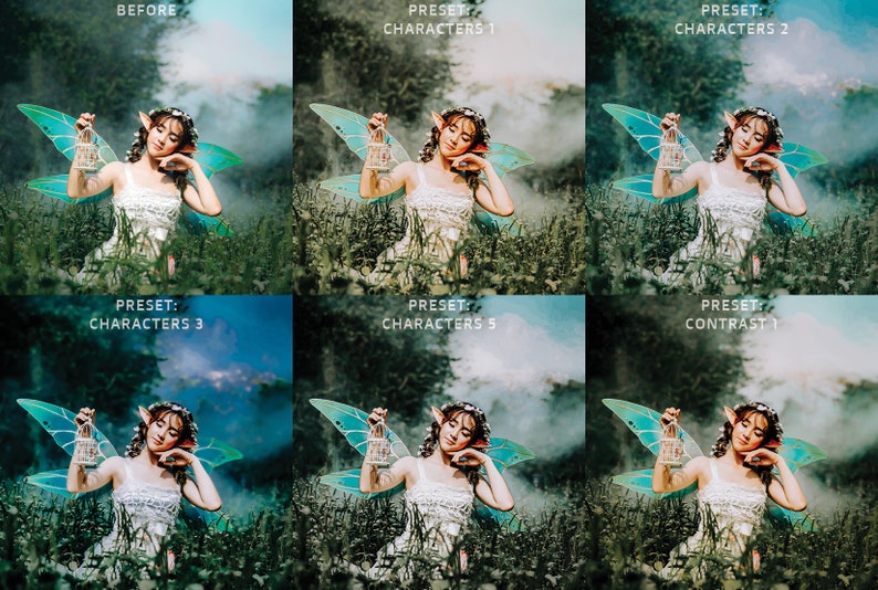 May include: A woman with fairy wings holds a birdcage in a forest setting. The image shows different color variations of the same image.