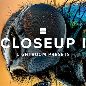 May include: Close-up image of a fly's eye, with a blue and green iridescent sheen. The text "CLOSEUP I LIGHTROOM PRESETS" is superimposed on the image.