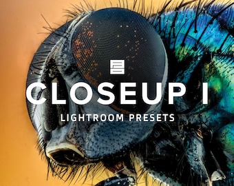 May include: Close-up image of a fly's eye, with a blue and green iridescent sheen. The text "CLOSEUP I LIGHTROOM PRESETS" is superimposed on the image.