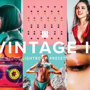 May include: A collage of images featuring a cassette tape, a woman wearing a red top, a woman in a blue bikini, and a close-up of an eye. The text "Vintage II Lightroom Presets" is displayed in white letters on a turquoise background.