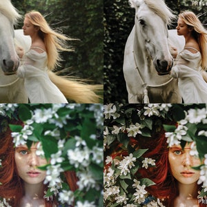 May include: A collage of four images featuring a woman with long blonde hair and a white horse in a forest setting. The top left image shows the original image, the top right image shows the image with a preset applied to the characters, the bottom left image shows the original image, and the bottom right image shows the image with a preset applied to the contrast.