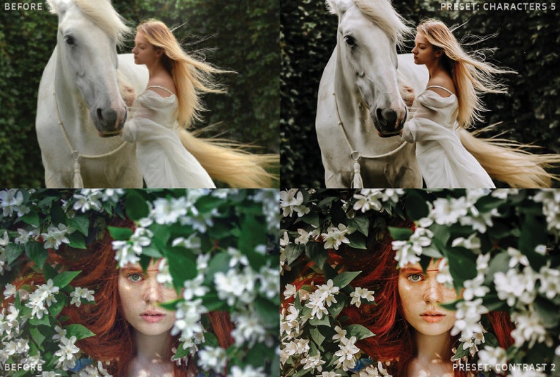 May include: A collage of four images featuring a woman with long blonde hair and a white horse in a forest setting. The top left image shows the original image, the top right image shows the image with a preset applied to the characters, the bottom left image shows the original image, and the bottom right image shows the image with a preset applied to the contrast.