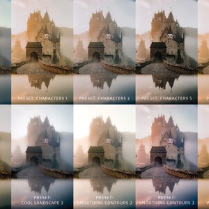 May include: A comparison of ten different photo presets applied to an image of a stone castle reflected in a body of water. The presets include "Characters", "Contrast", "Cool Landscape", "Smoothing Contours", and "Warm Landscape".