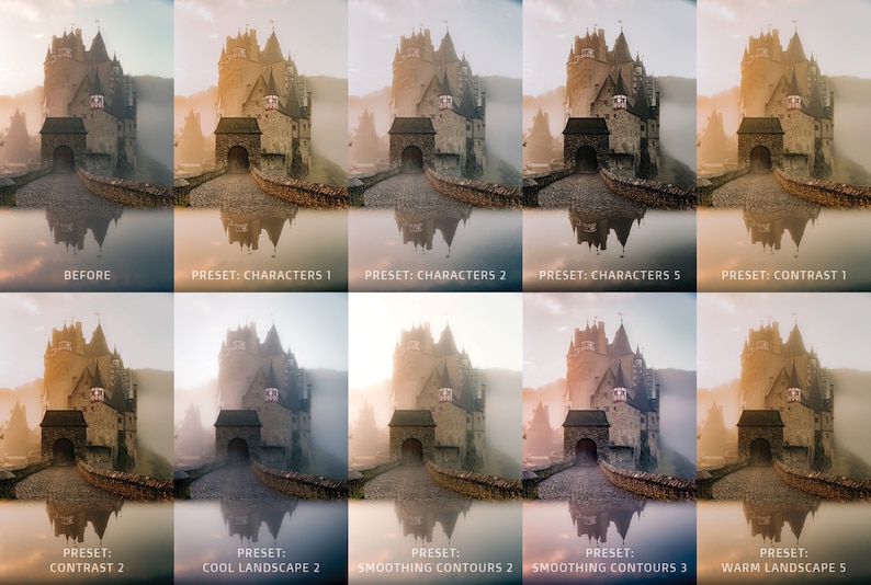 May include: A comparison of ten different photo presets applied to an image of a stone castle reflected in a body of water. The presets include "Characters", "Contrast", "Cool Landscape", "Smoothing Contours", and "Warm Landscape".