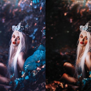 May include: A woman with long white hair wearing a crown of flowers and a silver top sits in a forest setting. The background is blurred and has a blue and purple hue.