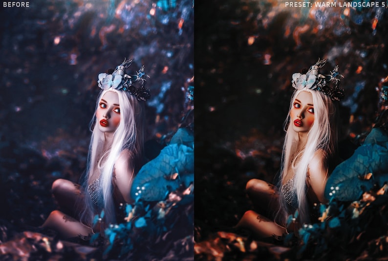 May include: A woman with long white hair wearing a crown of flowers and a silver top sits in a forest setting. The background is blurred and has a blue and purple hue.