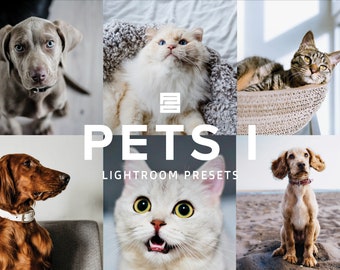 May include: A collage of images featuring various pets, including a grey dog, a white cat, a tabby cat, a brown dog, and a white cat. The text "PETS I LIGHTROOM PRESETS" is displayed in the center of the collage.