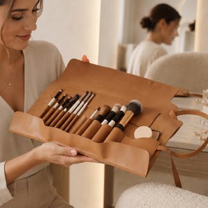 Puede incluir: Un organizador de cuero color canela para brochas de maquillaje con múltiples ranuras interiores que contienen un juego de diversas brochas cosméticas con mangos de madera y cerdas oscuras, asegurado con una correa envolvente.