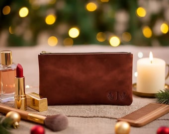 Personalized leather makeup pouch, Small makeup bag for purse, Monogrammed cosmetic pouch, Handmade makeup pouch, Christmas gift for her