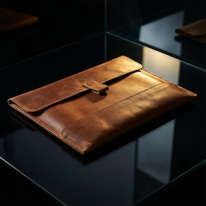 May include: A brown leather document case with a flap and tab closure. The rectangular case is made of high-quality leather. It is designed to hold documents or a laptop. The case is approximately 30 cm long.