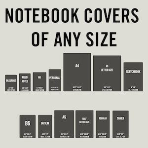 May include: Image showing various notebook cover sizes, including Passport (3.5" x 5"), A4 (8.27" x 11.7"), and Sketchbook (6" x 8"). The text "NOTEBOOK COVERS OF ANY SIZE" is displayed at the top.