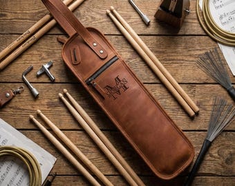 Custom leather drumstick bag, Drumstick bag personalized, Drumstick carrying case, Leather drumstick holder, Engraved drumstick case