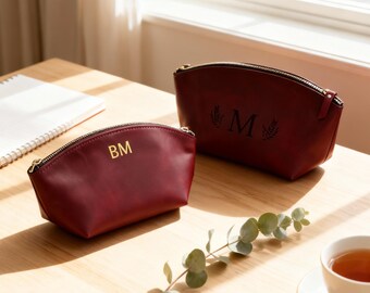 Monogrammed leather makeup pouch, Custom cosmetic pouch, Makeup bag with initials, Handmade makeup pouch, Travel cosmetic pouch, Makeup case