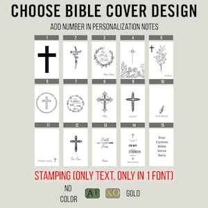 May include: Image showcasing 15 Bible cover design options, each with a unique cross or floral illustration. Text at the top reads "CHOOSE BIBLE COVER DESIGN." Instructions are provided to add a number in personalization notes. The bottom text states "STAMPING (ONLY TEXT, ONLY IN 1 FONT)."
