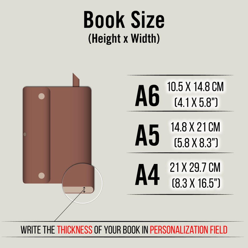 May include: A diagram showing book sizes: A6 (4.1 x 5.8 inches), A5 (5.8 x 8.3 inches), and A4 (8.3 x 16.5 inches). A brown book cover is shown on the left. Text reads "Write the thickness of your book in personalization field."