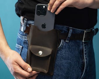 Personalized leather phone belt case, Phone belt holder, Leather smartphone holster, Belt loop phone pouch, Waist phone pouch