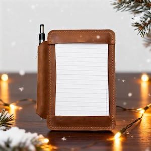 May include: A brown leather notepad holder with a pen inserted on the side. The notepad has lined paper and is held in place by a leather frame. The background includes Christmas lights and snowy pine branches.