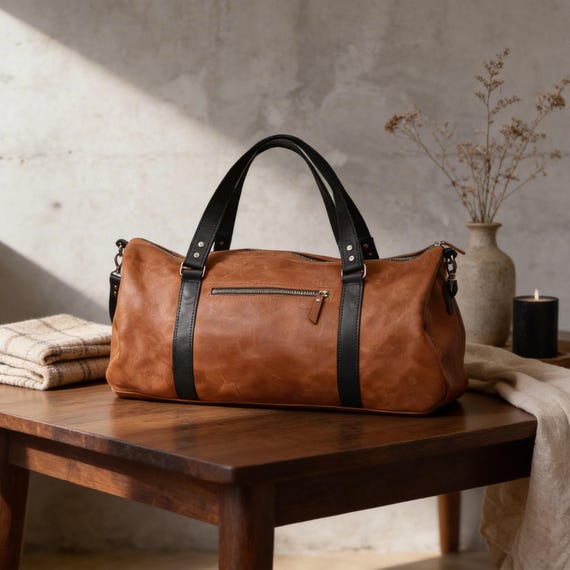 Custom leather duffle bag, Handmade duffle bag for men, Leather weekender bag, Overnight bag with name, Large leather travel bag for men
