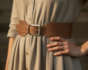 May include: A wide brown leather belt with a silver-colored buckle. The belt is worn over a light brown dress. The belt has a rectangular buckle and is designed to cinch the waist. The belt is approximately 4 inches wide.