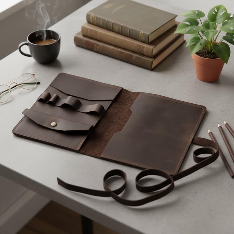 May include: Open brown leather portfolio with pen holders and a button closure. The portfolio is open, revealing a large pocket. A brown leather strap is coiled on the table. A cup of coffee, books, and a potted plant are in the background.