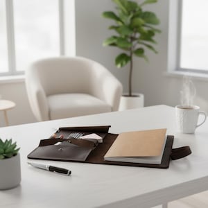 May include: A brown leather notebook and pen set on a white desk. The notebook is open, revealing blank pages. A pen, small notepad, and other stationery items are visible. A cup of coffee and a small plant are also on the desk.